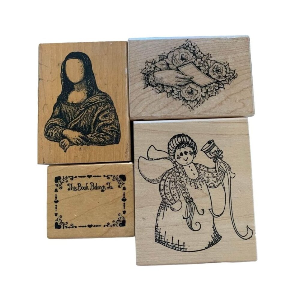 Four Rubber Stamp Lot Angel Design Mona Lisa Hand Frame Wood Mounted